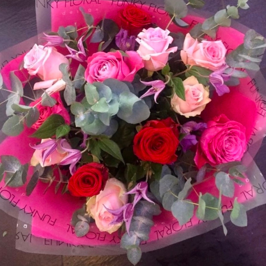 Sofia romantic bouquet — trio of premium roses with seasonal foliage