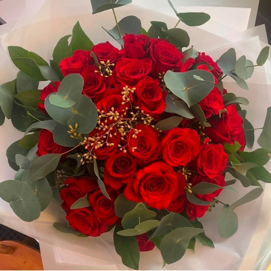 Adora red rose bouquet with eucalyptus, available half dozen to two dozen
