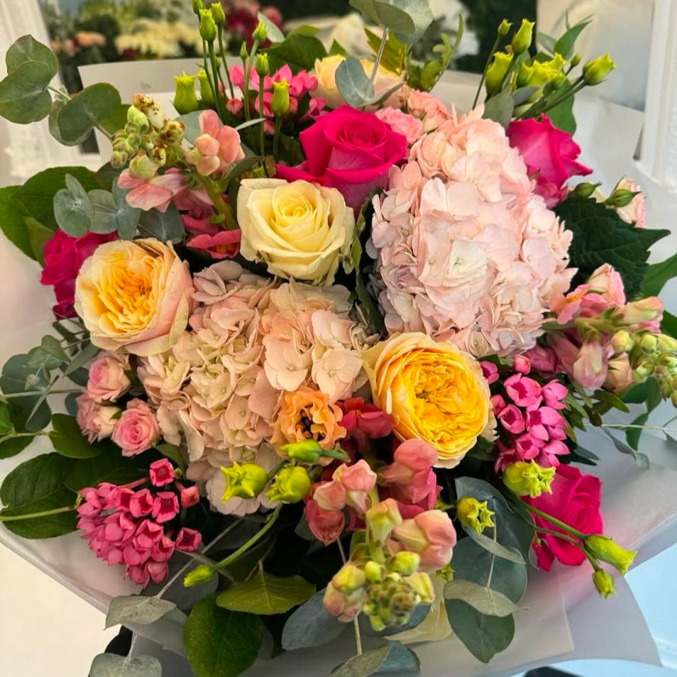 Claudia luxury bouquet — pastel garden roses with phlox, lisianthus, snapdragons and hydrangea