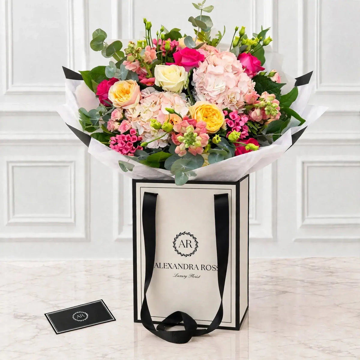 Claudia luxury bouquet — pastel garden roses with phlox, lisianthus, snapdragons and hydrangea