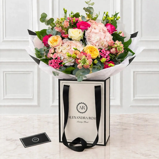 Claudia luxury bouquet — pastel garden roses with phlox, lisianthus, snapdragons and hydrangea