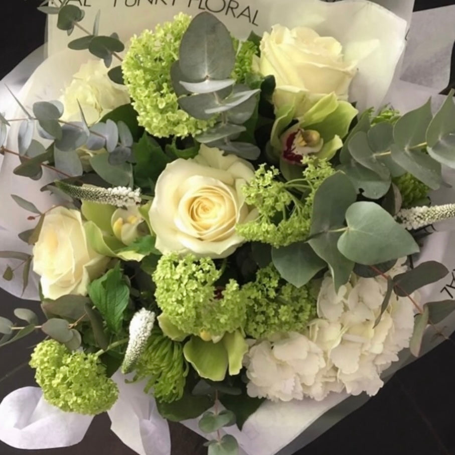 Freya white and lime bouquet — hydrangea, veronica, Avalanche roses, guelder rose, lime shamrock