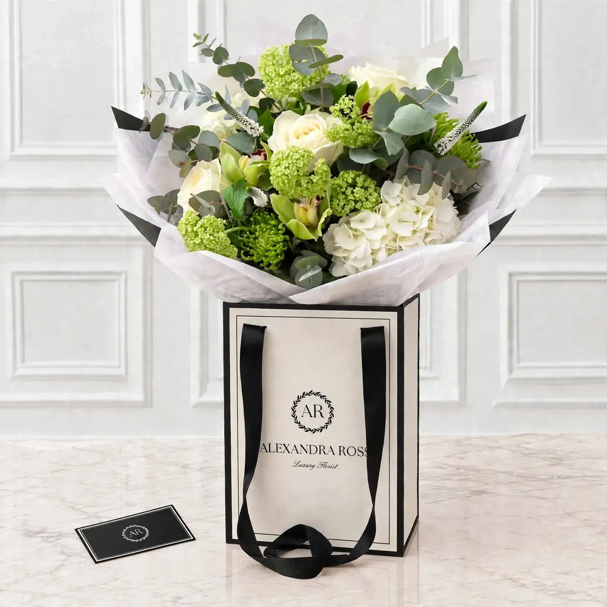 Freya white and lime bouquet — hydrangea, veronica, Avalanche roses, guelder rose, lime shamrock.